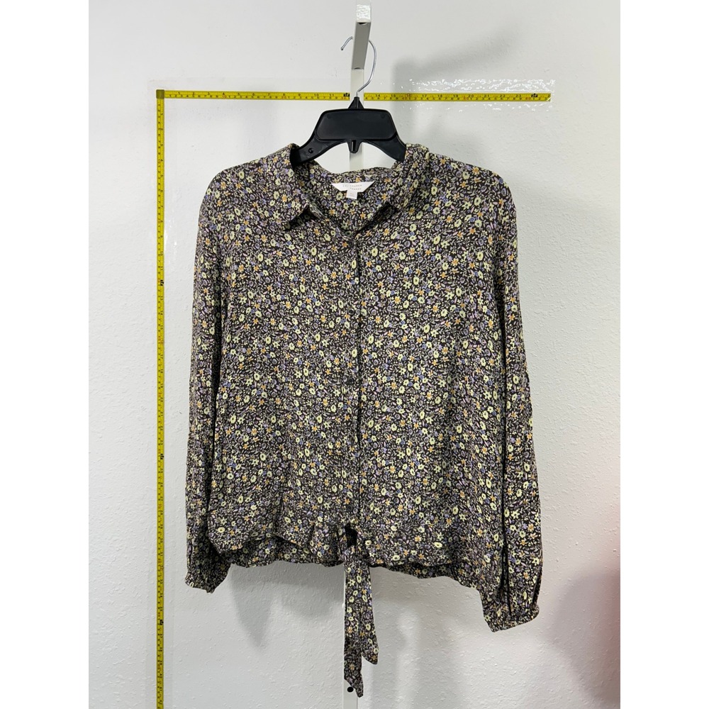 Lauren Conrad Floral Tie Front Button Down Blouse Shirt XL Purple Yellow Brown